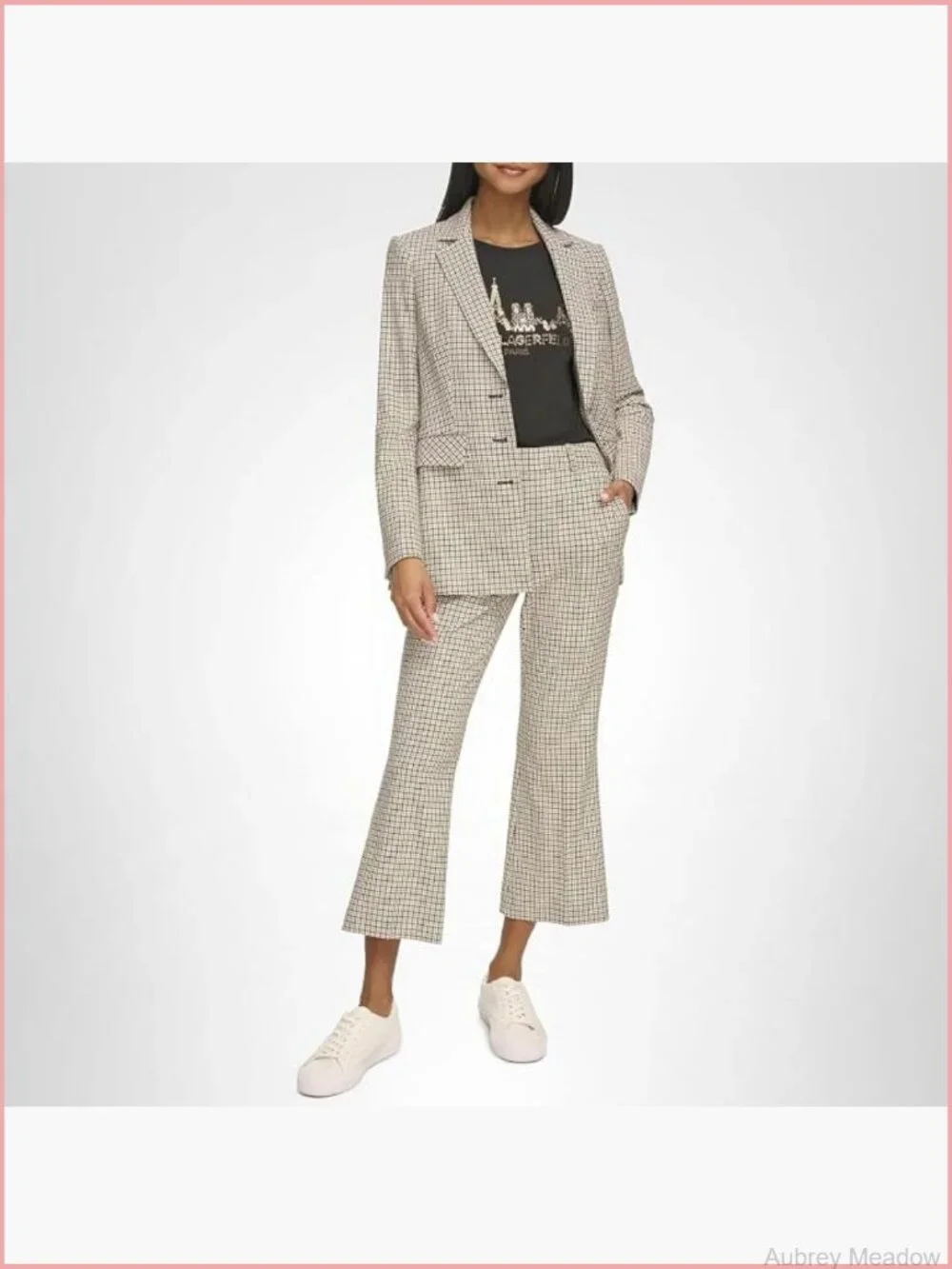 Three Button Plaid Fitted Blazer Notch Collar Long Sleeve Polyester